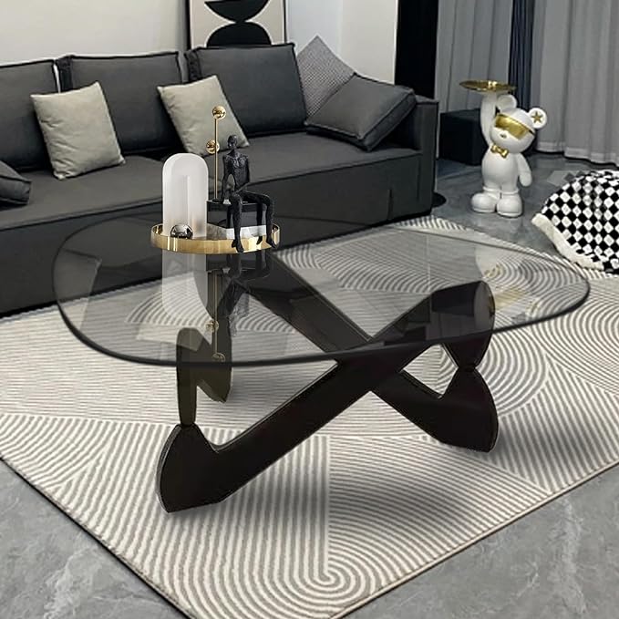 Triangle Coffee Table Glass Coffee Table for Living Room Clear Glass Coffee Table with Solid Wood Base Mid Century Modern Coffee Table for Small Spaces (Black-Transparent, 35.8in) - LeafyLoom