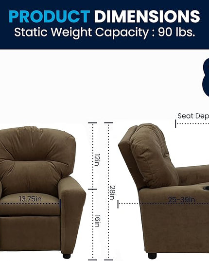 Flash Furniture Chandler Microfiber Kids Recliner with Cup Holder and Safety Recline, Contemporary Reclining Chair for Kids, Supports up to 90 lbs., Brown - LeafyLoom
