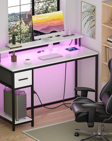 GreenForest Computer Desk with Drawers 47 inch,Gaming Desk with LED Lights & Power Outlets Small Desk with Monitor Stand and Reversible Shelf,White - LeafyLoom