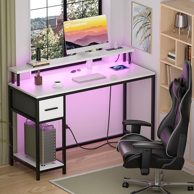 GreenForest Computer Desk with Drawers 47 inch,Gaming Desk with LED Lights & Power Outlets Small Desk with Monitor Stand and Reversible Shelf,White - LeafyLoom