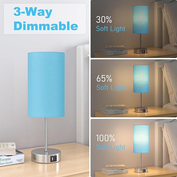 AKASUKI Table Lamp for Bedroom, 3 Way Dimmable Touch Lamp with Dual Charging Station, Small Bedside Lamps for Night Stands, Living Room, Office(LED Bulb Included) - LeafyLoom