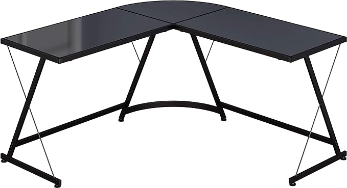SHW Gaming Desk Computer L-Shape Corner Studio Table, Black, Glass Top - LeafyLoom