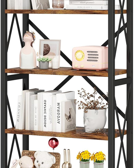 5-Tier Bookshelf,Wood Bookcase,Book Shelf with Steel Frame, Storage Rack with Open Shelves, Rustic Standing Bookshelves Ladder Shelf 110lbs/shelf for Bedroom,Living Room and Home Office - LeafyLoom