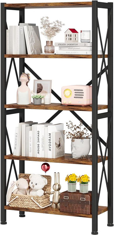 5-Tier Bookshelf,Wood Bookcase,Book Shelf with Steel Frame, Storage Rack with Open Shelves, Rustic Standing Bookshelves Ladder Shelf 110lbs/shelf for Bedroom,Living Room and Home Office - LeafyLoom
