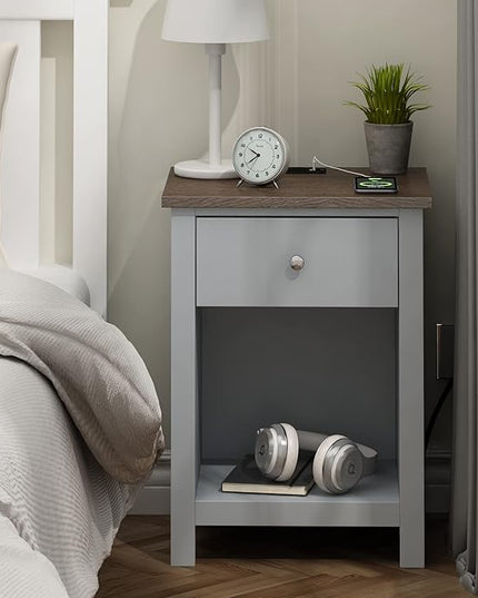 ChooChoo Nightstand with Charging Station, Wooden Top Bedside Table with Drawer and Storage Space for Bedroom, Grey - LeafyLoom