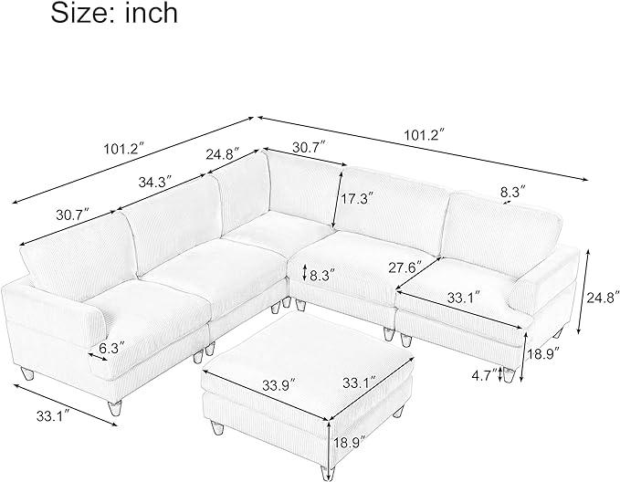 Free Combination Oversized Modular Sectional Sofa with Movable Ottomans, L/U Shaped Reversible Corner Couch,6 Seater Corduroy Upholstered Sofa&Couch Convertible Sleeper Sofabed for Living Room - LeafyLoom