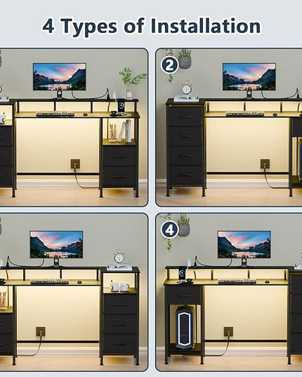 Computer Desk with Power Outlets & LED Lights, Gaming Desk with 5 Fabric Drawers for Bedroom, 47 Inch Home Office Desk with Monitor Stand & Storage Shelves for Working, Black - LeafyLoom
