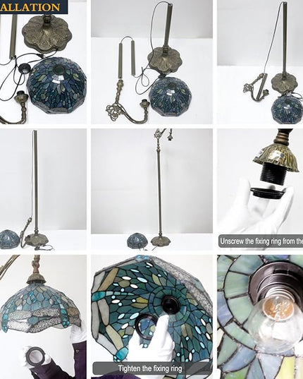 WERFACTORY Tiffany Floor Lamp Navy Blue White Stained Glass Arched Lamp 12X18X64 Inches Gooseneck Adjustable Corner Standing Reading Light Decor Bedroom Living Room S003B Series - LeafyLoom