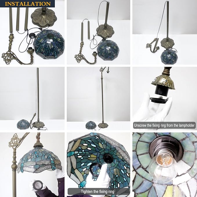 WERFACTORY Tiffany Floor Lamp Navy Blue White Stained Glass Arched Lamp 12X18X64 Inches Gooseneck Adjustable Corner Standing Reading Light Decor Bedroom Living Room S003B Series - LeafyLoom