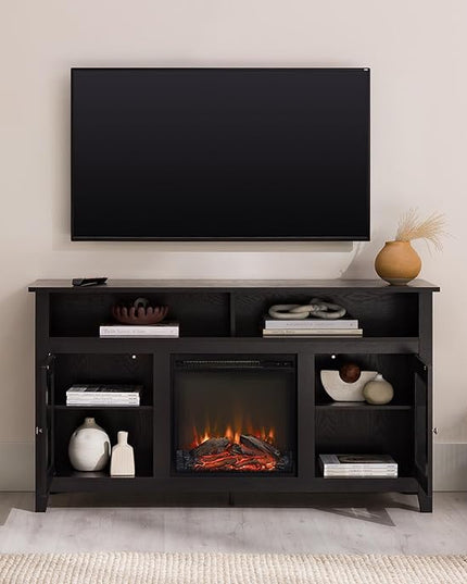 Walker Edison Glenwood Rustic Farmhouse Glass Door Highboy Fireplace TV Stand for TVs up to 65 Inches, 58 Inch, Black - LeafyLoom