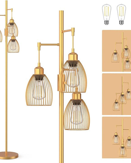 Gold Floor Lamp, Dimmable Industrial Floor Lamp Farmhouse Floor Lamps for Living Room with Cages 70'' Tall Lamp Modern Floor Lamp Standing Lamp for Bedroom Office Living Room 3 LED Bulbs Included - LeafyLoom
