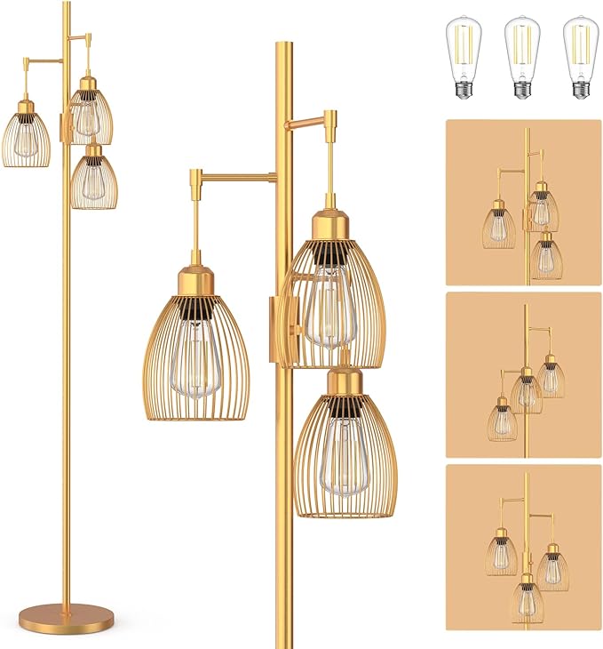 Gold Floor Lamp, Dimmable Industrial Floor Lamp Farmhouse Floor Lamps for Living Room with Cages 70'' Tall Lamp Modern Floor Lamp Standing Lamp for Bedroom Office Living Room 3 LED Bulbs Included - LeafyLoom