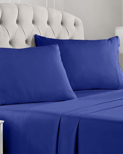 Mellanni Split King Sheets Set - 5 PC Iconic Collection Bedding Sheets & Pillowcases - Hotel Luxury, Extra Soft, Cooling Bed Sheets - Deep Pocket up to 16 inch (Split King, Royal Blue) - LeafyLoom