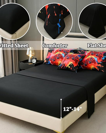 Gamer Comforter Set for Boys Kids, 6 Pcs Bed in a Bag Game Controller Boys Bediing Set Twin Size for All Season - LeafyLoom