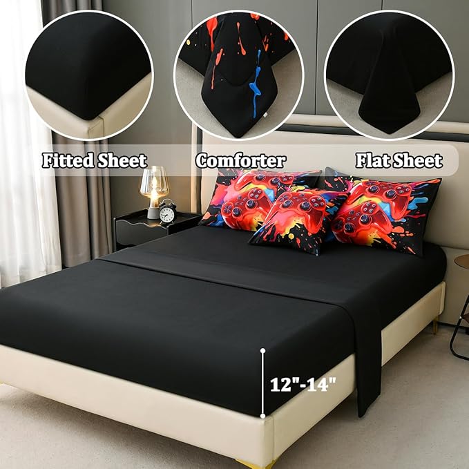 Gamer Comforter Set for Boys Kids, 6 Pcs Bed in a Bag Game Controller Boys Bediing Set Twin Size for All Season - LeafyLoom