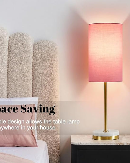 Luvkczc Minimalist Table Lamp Set of 2, Nightstand Lamp for Bedroom Living Room, Modern Pull Chain Bedside Lamp with Marble Base, Fabric Shade, Small Desk Lamp for Home, Office, Reading,Pink - LeafyLoom