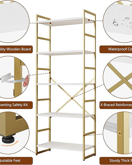 Shintenchi 5 Tiers Bookshelf, Classically Tall Bookcase Shelf,Industrial Book Rack,Modern Book Holder in Bedroom/Living Room/Home/Office, Storage Rack Shelves for Books/Movies,Gold - LeafyLoom