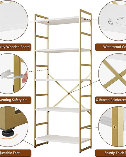 Shintenchi 5 Tiers Bookshelf, Classically Tall Bookcase Shelf, Industrial Book Rack, Modern Book Holder in Bedroom/Living Room/Home/Office, Storage Rack Shelves for Books/Movies,Gold - LeafyLoom