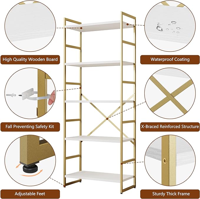 Shintenchi 5 Tiers Bookshelf, Classically Tall Bookcase Shelf, Industrial Book Rack, Modern Book Holder in Bedroom/Living Room/Home/Office, Storage Rack Shelves for Books/Movies,Gold - LeafyLoom