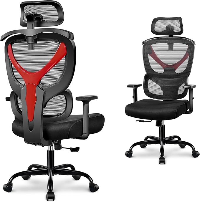 Office Chair Ergonomic Desk Chair Comfy Computer Chair, Big and Tall Home Office Chair with Back Support, Mesh Office Chair High Back Gaming Chair with Adjustable Armrest (Red) - LeafyLoom