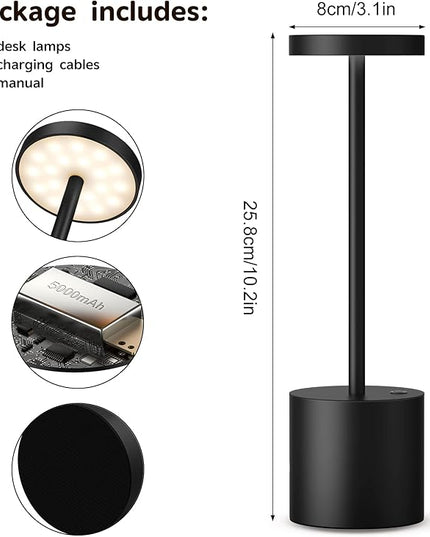 Cordless Table Lamp, Rechargeable LED Battery 5000mAh Metal USB Portable Powered Desk Lamp, 3 Levels Brightness Light for Restaurants Outdoor (10.25in Black) - LeafyLoom