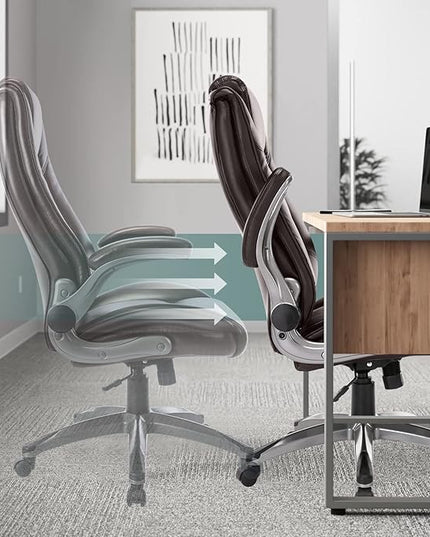 COLAMY Leather Executive Office Chair- High Back Home Computer Desk Chair with Padded Flip-up Arms, Adjustable Tilt Lock, Swivel Rolling Ergonomic Chair for Adult Working Study, Brown - LeafyLoom