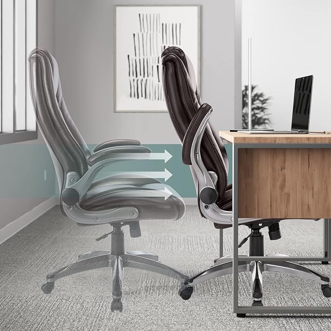 COLAMY Leather Executive Office Chair- High Back Home Computer Desk Chair with Padded Flip-up Arms, Adjustable Tilt Lock, Swivel Rolling Ergonomic Chair for Adult Working Study, Brown - LeafyLoom