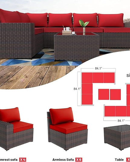Kullavik 12PCS Outdoor Patio Furniture Set PE Wicker Rattan Sectional Sofa Patio Conversation Sets,Red - LeafyLoom