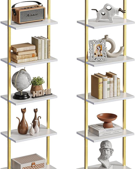 SUPERJARE 5-Tier Bookshelf, Narrow Book Shelf Set of 2, Open Wall-Mounted Ladder Shelf with Metal Frame, Display Bookcase for Home Office, Bedroom, White & Gold - LeafyLoom