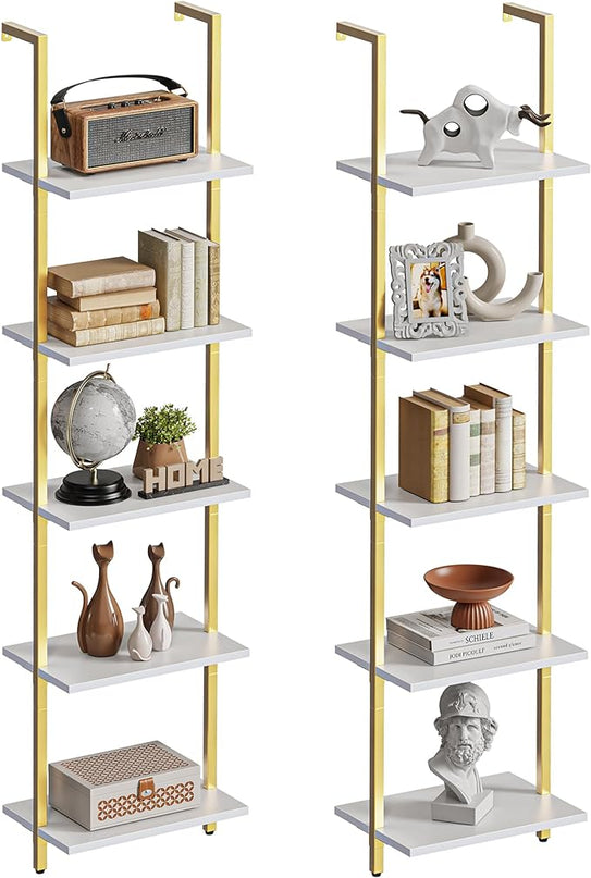 SUPERJARE 5-Tier Bookshelf, Narrow Book Shelf Set of 2, Open Wall-Mounted Ladder Shelf with Metal Frame, Display Bookcase for Home Office, Bedroom, White & Gold - LeafyLoom