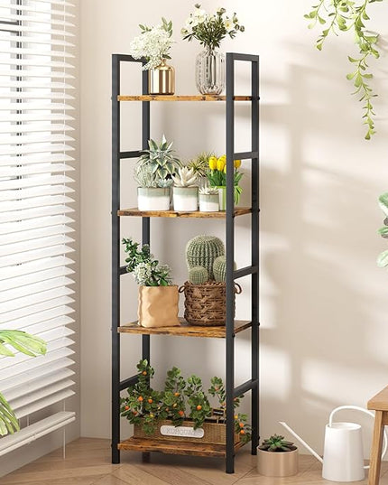 4 Tier Bookshelf, Small Book Shelf Industrial Bookcase, Metal Narrow Book Case Book Storage Organizer,Bookshelves for Bedroom Office Living Room(4 Tier,Rustic Brown) - LeafyLoom