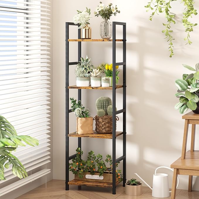 4 Tier Bookshelf, Small Book Shelf Industrial Bookcase, Metal Narrow Book Case Book Storage Organizer,Bookshelves for Bedroom Office Living Room(4 Tier,Rustic Brown) - LeafyLoom