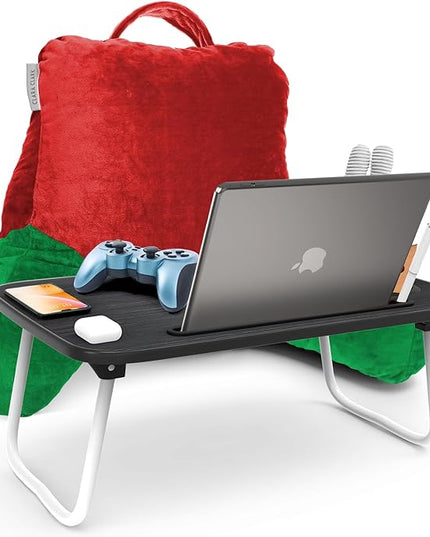 Clara Clark Reading Pillow with Portable Lap Desk Set for Kids, Back Pillow for Sitting Up in Bed, Memory Foam Back Support Pillow, Bed Rest Pillow with Foldable Laptop Desk, Small - Holiday Color - LeafyLoom