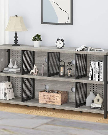 LVB Industrial 4 5 6 7 8 Cube Bookcase, Rustic Wood Metal Horizontal Bookshelf, Modern Wide Cube Organizer Storage Shelf, Large Long Low Book Shelf for Office Bedroom Living Room, Light Grey Oak 63 In - LeafyLoom