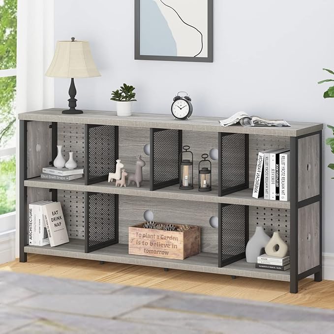 LVB Industrial 4 5 6 7 8 Cube Bookcase, Rustic Wood Metal Horizontal Bookshelf, Modern Wide Cube Organizer Storage Shelf, Large Long Low Book Shelf for Office Bedroom Living Room, Light Grey Oak 63 In - LeafyLoom