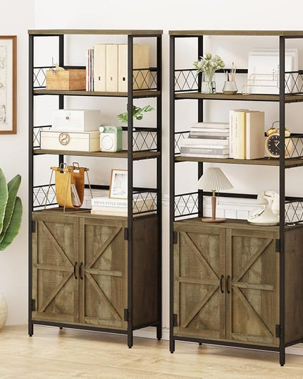 Rustic Bookcase with Storage Cabinet, Farmhouse Tall Bookshelf with Doors, Industrial Wood Metal Book Shelf for Home Office, Living Room, Bedroom (Rustic Oak) - LeafyLoom