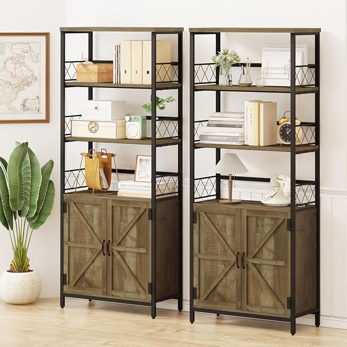 Rustic Bookcase with Storage Cabinet, Farmhouse Tall Bookshelf with Doors, Industrial Wood Metal Book Shelf for Home Office, Living Room, Bedroom (Rustic Oak) - LeafyLoom