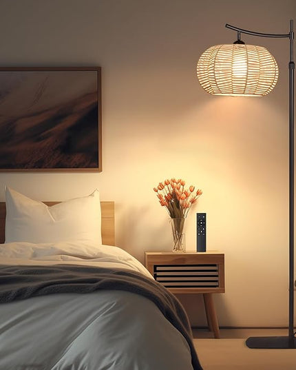 Arc Boho Farmhouse Black Floor Lamp, Standing Lamp with Rattan & Fabric Double Shade with Remote Control, Dimmable LED Bulb with 9 Color Temperature, Tall Pole for Living Room Bedroom Corner Office - LeafyLoom