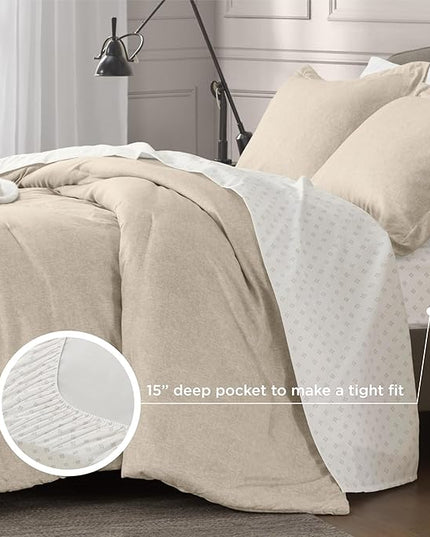7 Pieces Beige Bedding Sets with Comforter, Modern Farmhouse Bed in a Bag King Size, Solid Lightweight Comforter Set with Sheets, Pillowcases & Shams - LeafyLoom