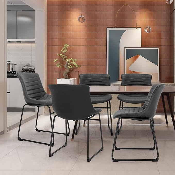 Faux Leather Dining Chairs,20 Inch PU Leather Dining Chairs Set of 2 with Backrest and Metal Leg,Mid Century Modern Chair,Black Upholstered Dining Chairs for Kitchen Living Room Outdoor Lounge - LeafyLoom