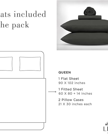 Linen Home Washed Cotton Percale Queen Sheet Set, Charcoal, Deep Pocket, 4 Pieces Bed Sheets - 1 Flat Sheet, 1 Fitted Sheet & 2 Envelope Closure Pillowcases, Cool and Comfortable Bed Linen - LeafyLoom