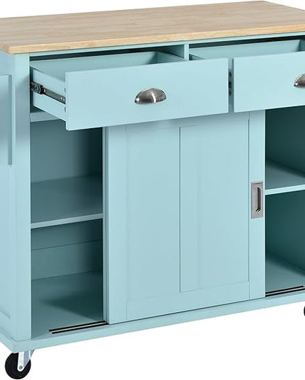 Kitchen Island with Storage, Rolling Table on Wheels w/Storage Cabinet and 2 Drawers for Dinning Room, Rubber Wood Contertop - LeafyLoom