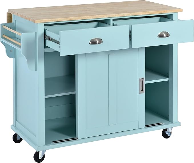 Kitchen Island with Storage, Rolling Table on Wheels w/Storage Cabinet and 2 Drawers for Dinning Room, Rubber Wood Contertop - LeafyLoom