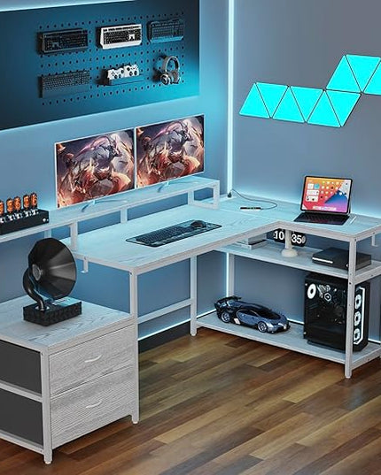 L Shaped Computer Desk with File Drawes,Gaming Desk with Led Lights & Power Outlets, Reversible Office Desk with Shelves White - LeafyLoom