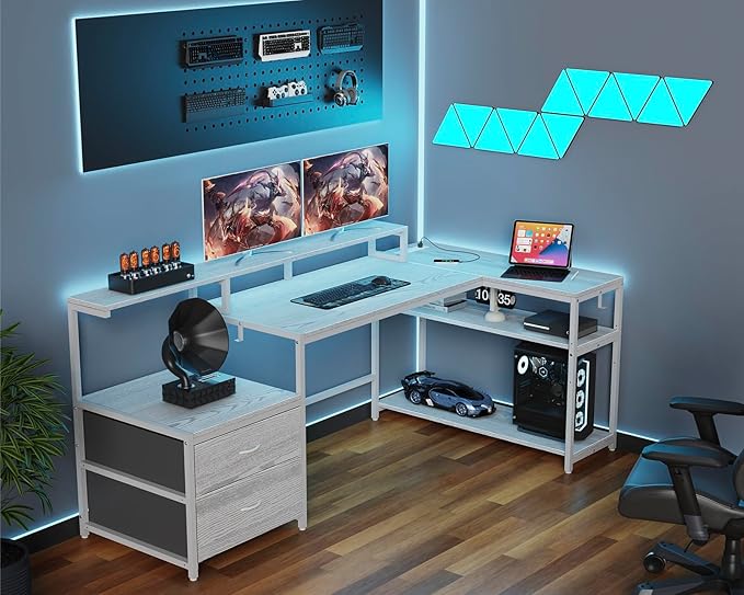 L Shaped Computer Desk with File Drawes,Gaming Desk with Led Lights & Power Outlets, Reversible Office Desk with Shelves White - LeafyLoom