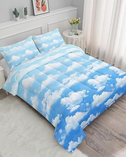 Axolotl Blue Cloud Comforter Set Queen,Light Blue Bedding Set,Cloud Sky Comforter Set Blue Sky and White Clouds Design Bedding Set,Sky Blue Comforter for Kids Girls Boys Teens,1 Quilt 2 Pillowcases - LeafyLoom