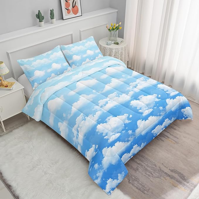 Axolotl Blue Cloud Comforter Set Queen,Light Blue Bedding Set,Cloud Sky Comforter Set Blue Sky and White Clouds Design Bedding Set,Sky Blue Comforter for Kids Girls Boys Teens,1 Quilt 2 Pillowcases - LeafyLoom