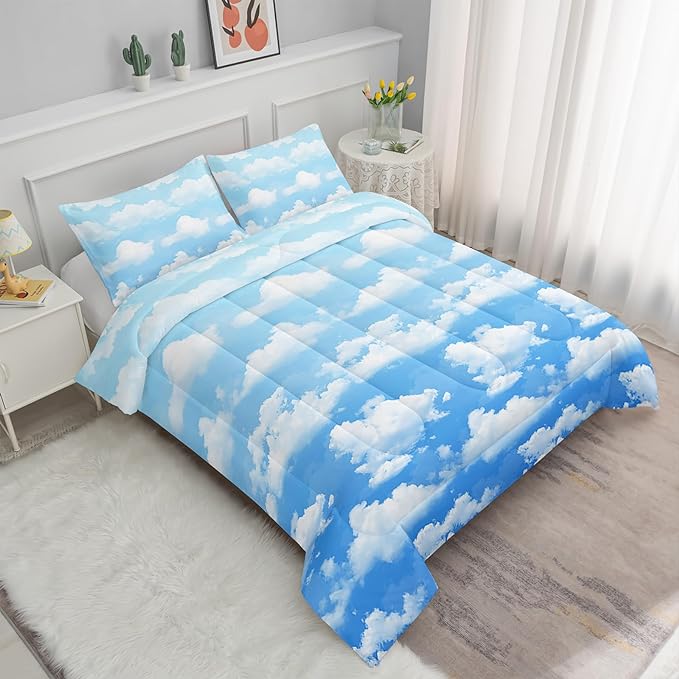 Axolotl Blue Cloud Comforter Set Twin,Light Blue Bedding Set,Cloud Sky Comforter Set Blue Sky and White Clouds Design Bedding Set,Sky Blue Comforter for Kids Girls Boys Teens,1 Quilt 2 Pillowcases - LeafyLoom