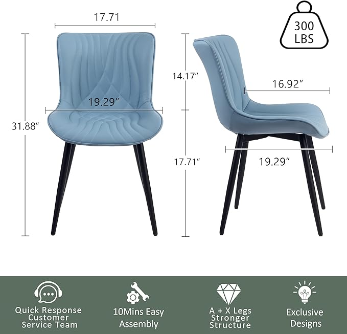 YOUTASTE Dining Chairs Set of 2 Upholstered Mid Century Modern Kitchen Dining Room Chairs Armless Faux Leather Accent Chairs Metal Vanity Lounge Chair with Back for Living Room Bedrooms,Blue - LeafyLoom