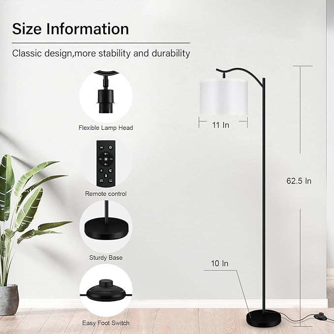 BoostArea Floor Lamp for Living Room,Arc Floor Lamp with Remote Control,Stepless Dimmable Brightness & Colors Temperature 2700k-6500k,Modern Standing Lamp for Bedroom Study Room Office,White - LeafyLoom